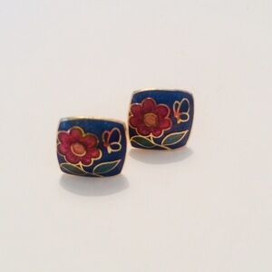 ENAMEL Cloisonné Flower and Butterfly Studs Earrings